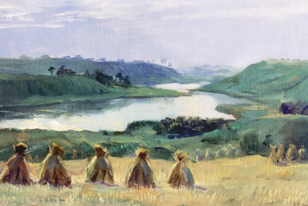 Снопы на берегу озера в Латгалии. 1930 годы.