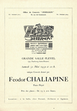 Афиша-анонс концерта Федора Шаляпина 31 мая 1930 г. в Большом зале Плейель.